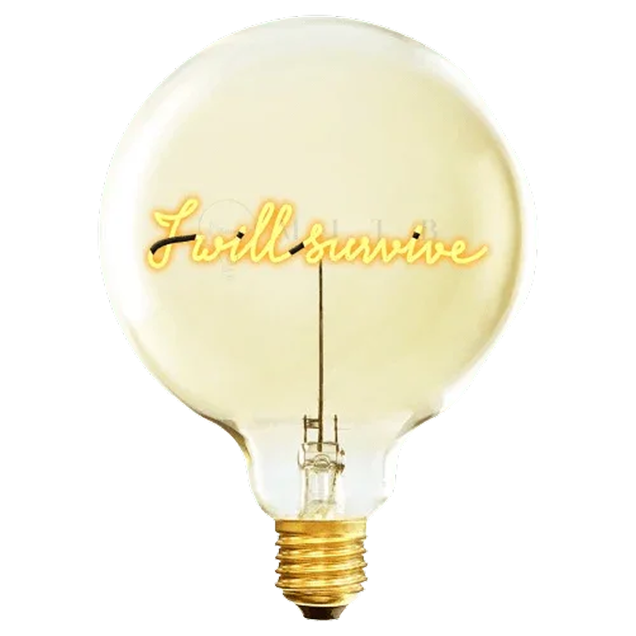 Ampoule pour socle portable qui diffuse une lumière de couleur jaune et qui affiche le message "i will survive".