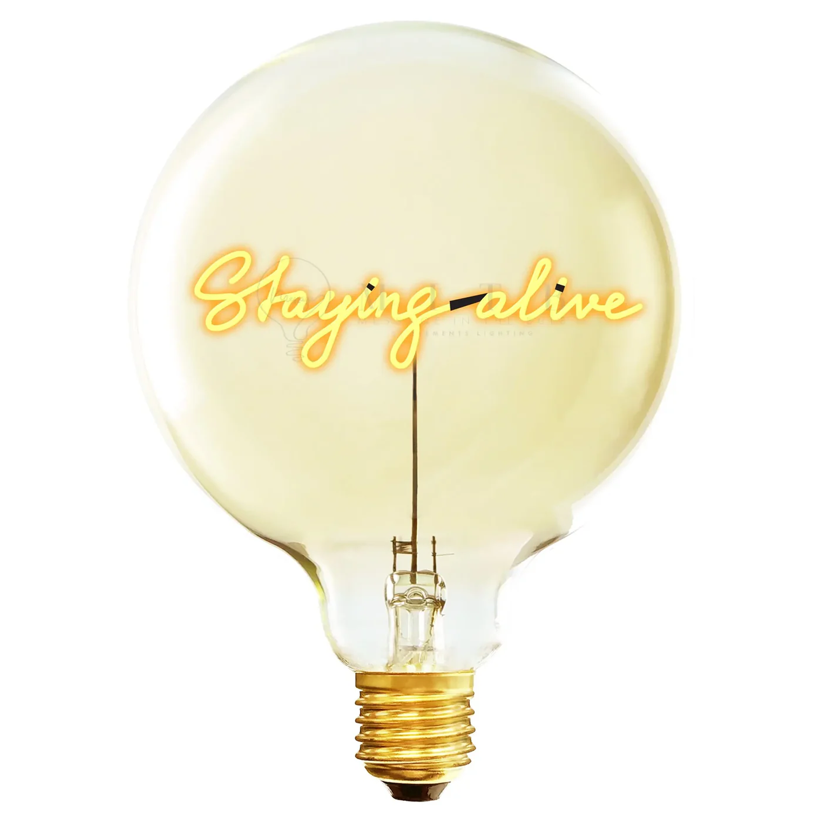 Ampoule pour socle portable qui diffuse une lumière de couleur ambré et qui affiche le message "staying alive".