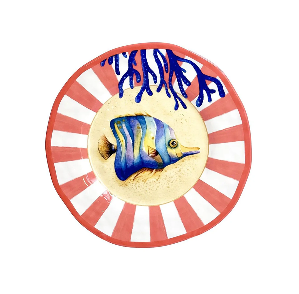 Assiette à dessert mélamine Ø 21 cm Litorale motif poison sur fond rouge rayé