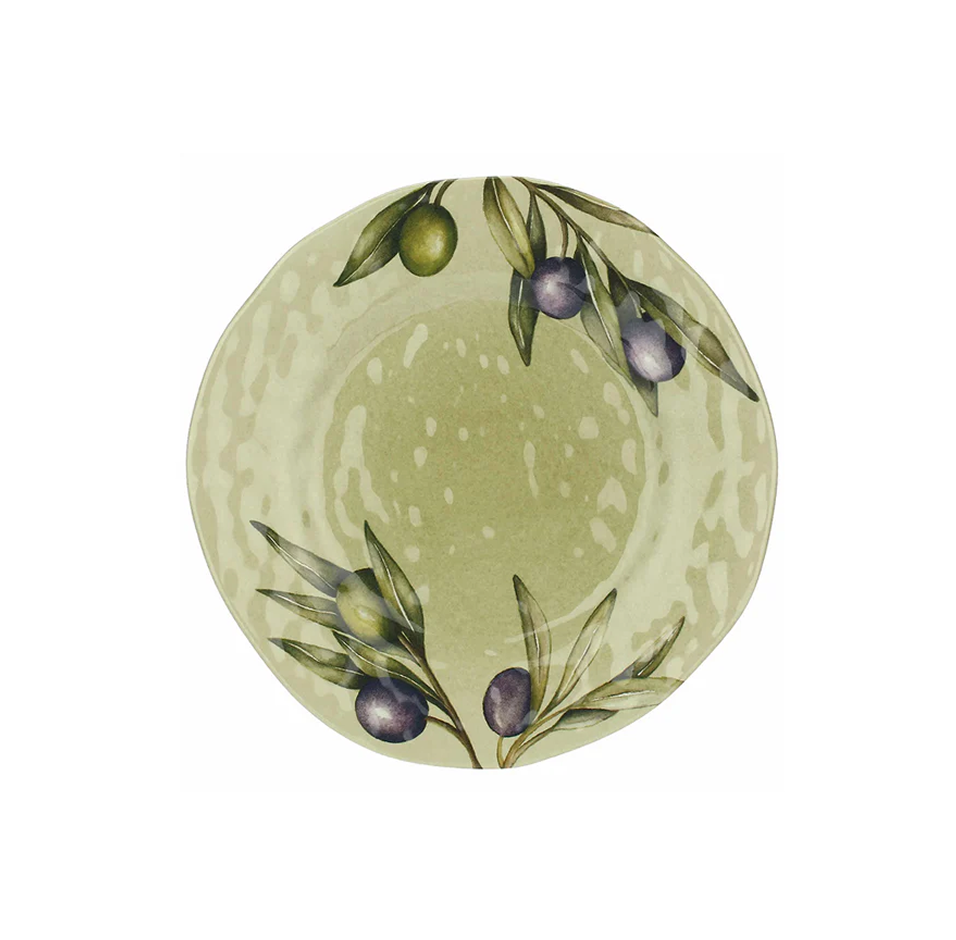 Assiette à dessert 21 cm vert pâle avec des décors de branches d’olivier.