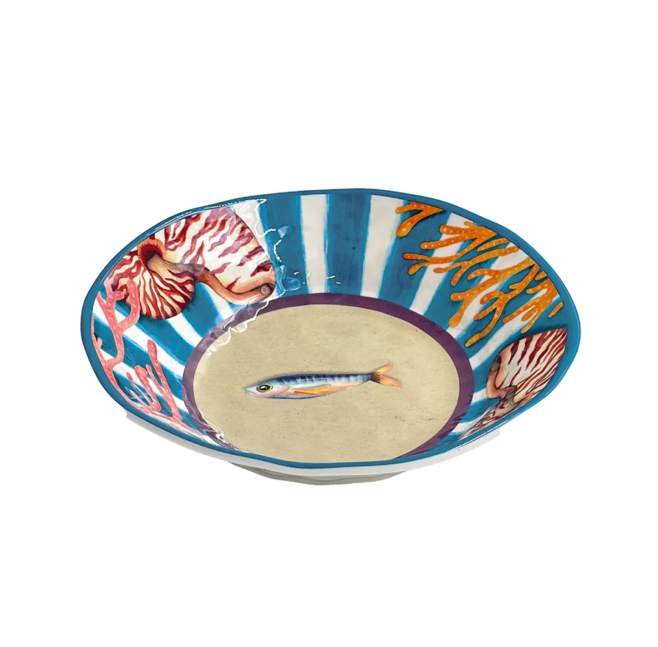 Assiette creuse mélamine Ø 21 cm Litorale sur fonds marins bleu rayé blanc