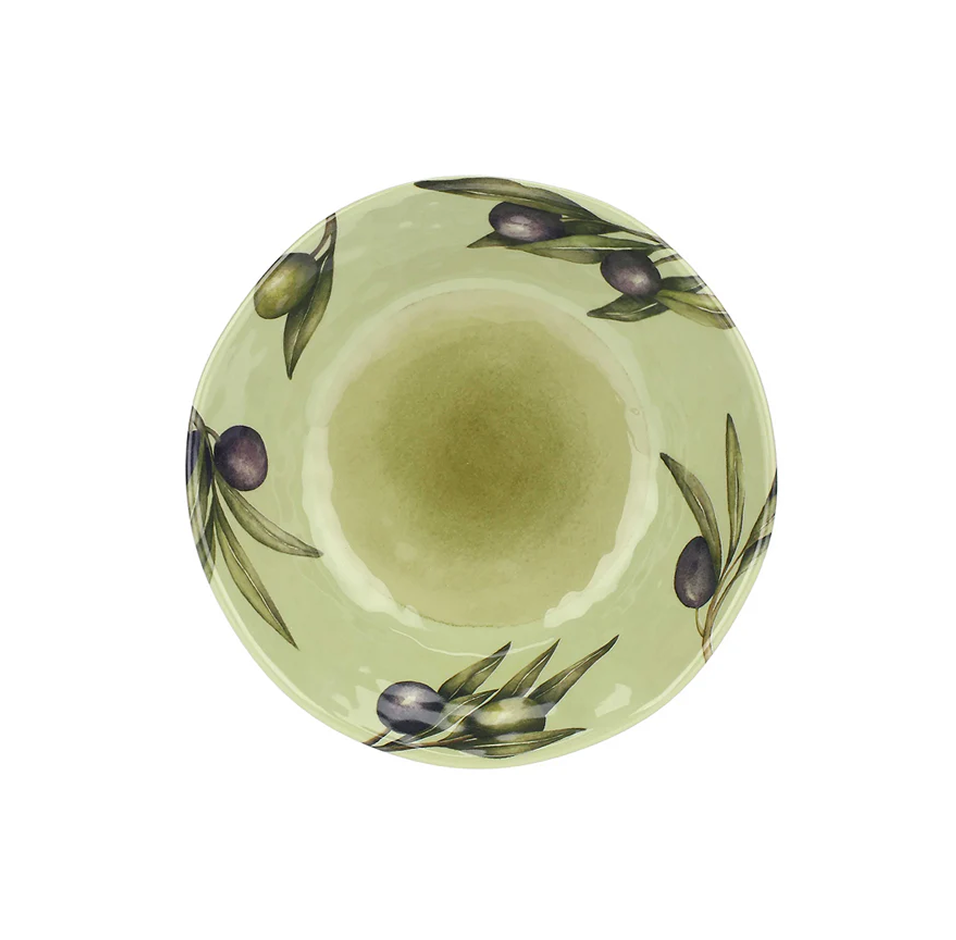 Assiette creuse 21 cm vert pâle avec décor de branches d’olivier.
