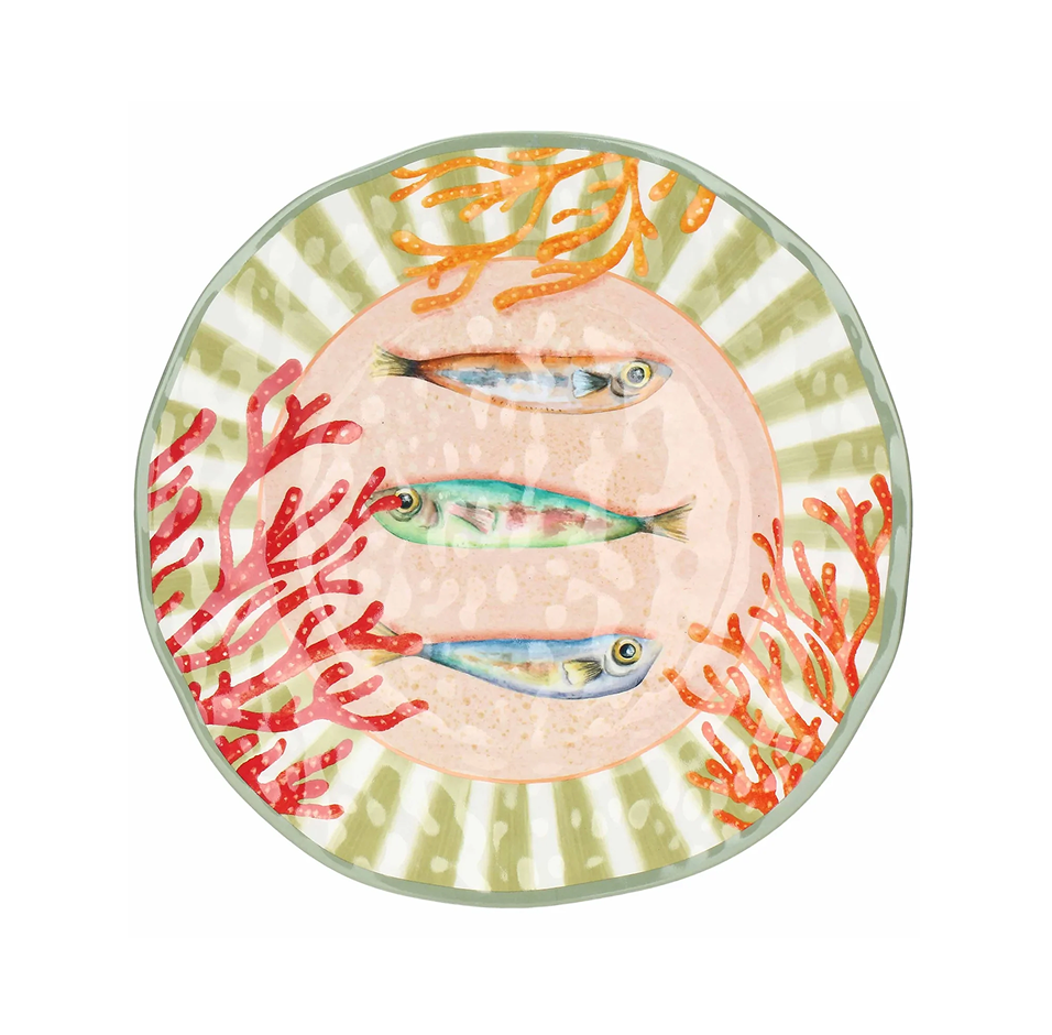 Assiette plate mélamine Ø 27 cm Litorale avec poissons et coraux rayés verts et blancs