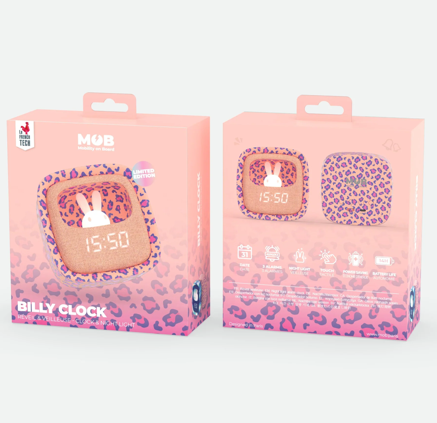 Réveil & veilleuse lapin Billy - Léopard rose