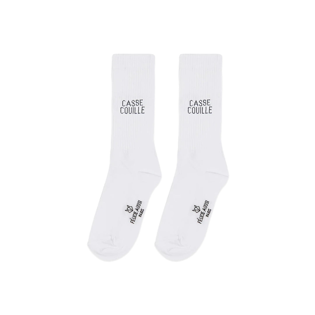 Paire de chaussettes blanches avec lettrage noir : "Casse Couille"
