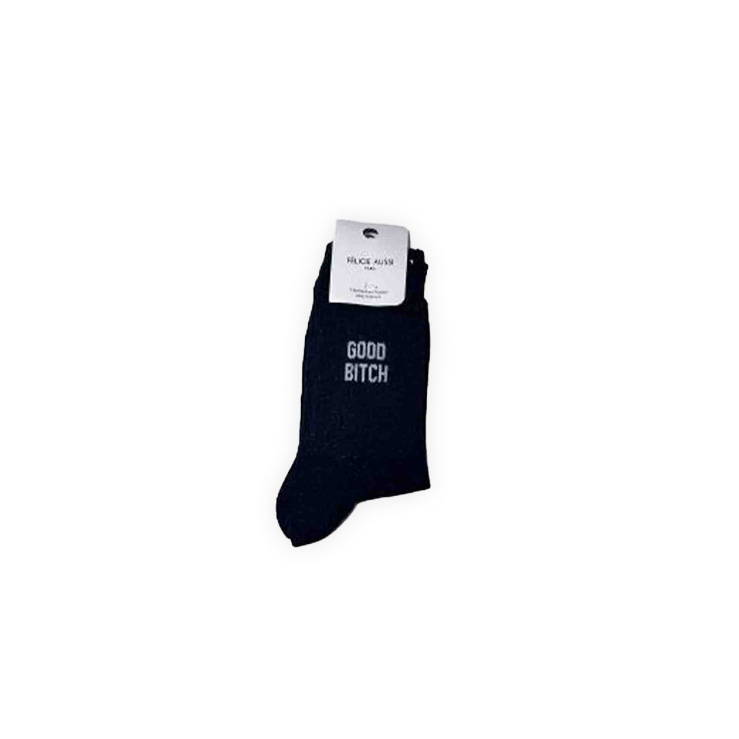 Paire de chaussettes à paillettes couleur noire avec lettrage blanc : "Good bitch"