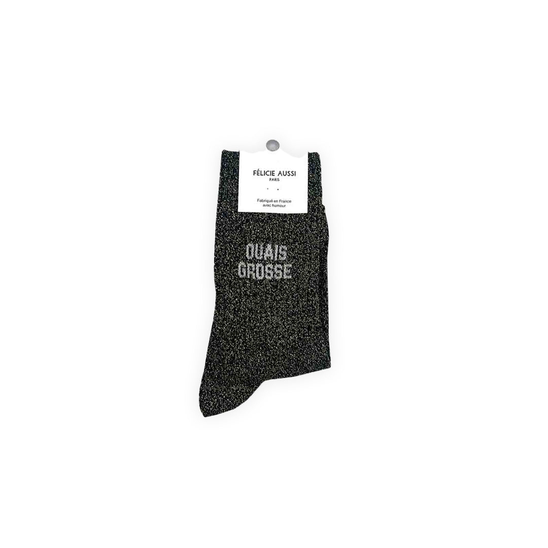 Paire de chaussettes à paillettes couleur noire avec lettrage blanc : "Ouais grosse"