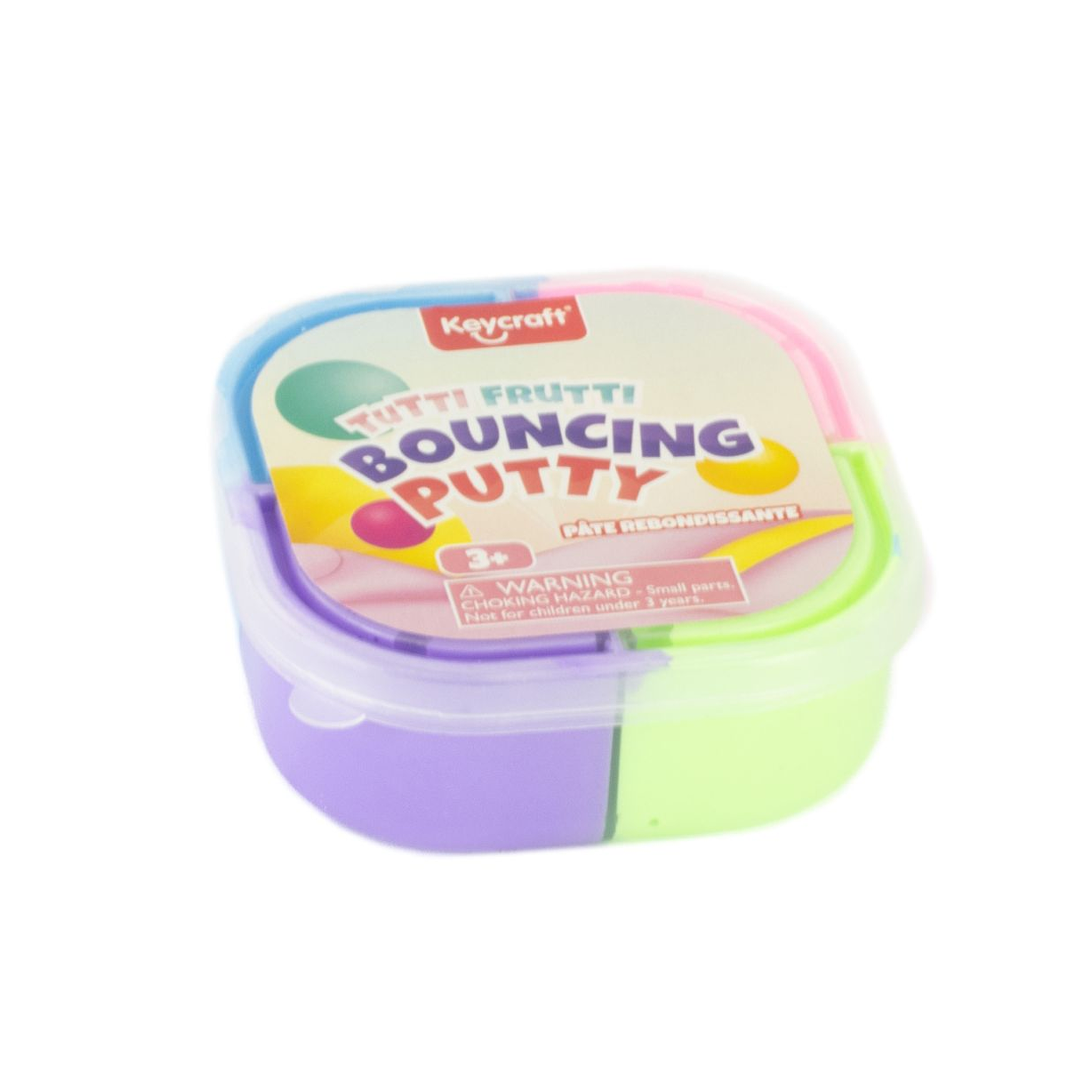 Pâte rebondissante de couleur verte, violette, bleue et rose.