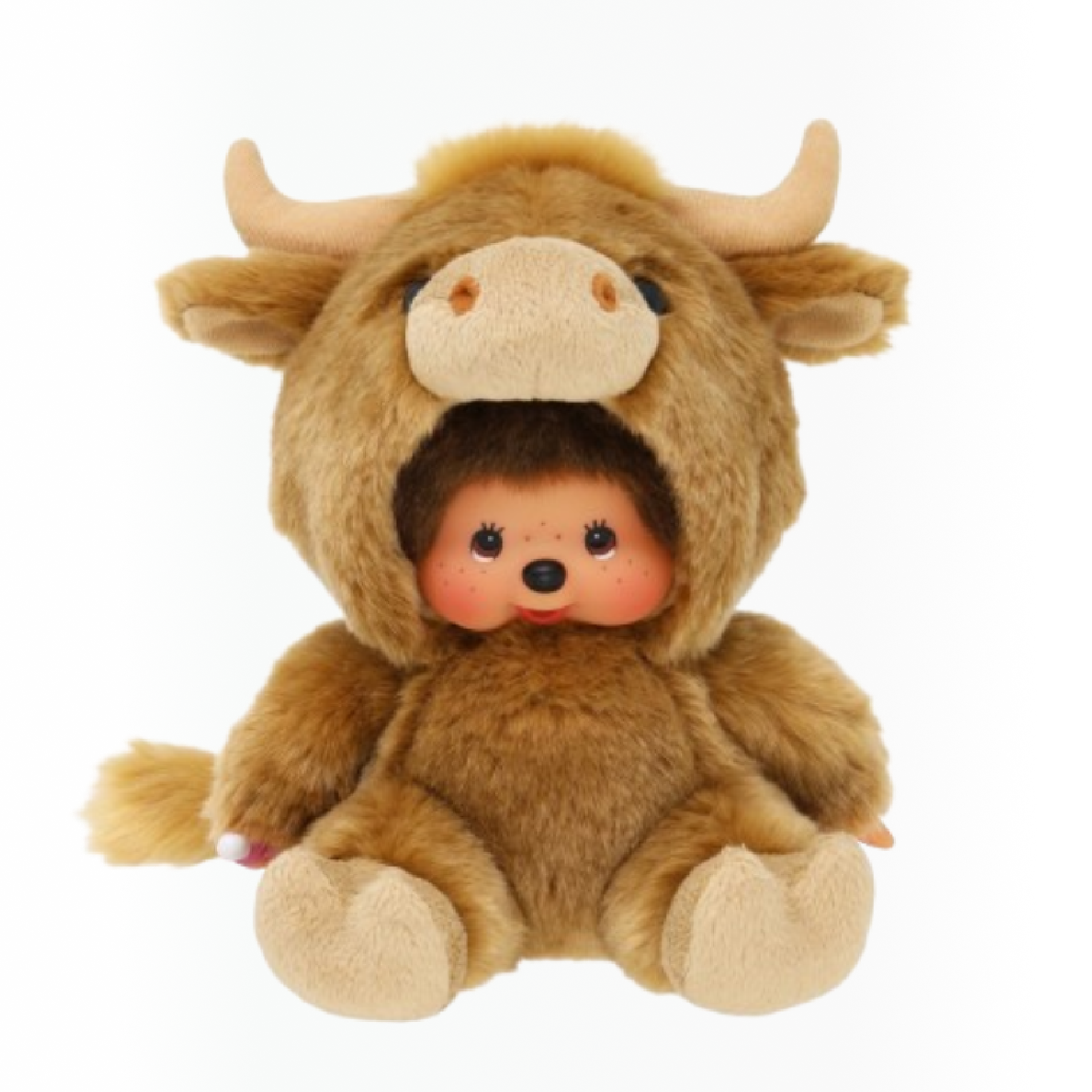 Voici la peluche Monchhichi, le célèbre singe avec sa tétine dans une version vache de Midland 20 cm.