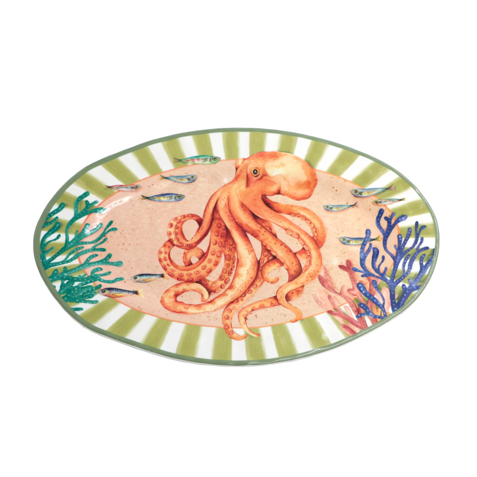 Plat ovale collection Litorale en mélamine 30x45 cm. Motif poulpe orange style marin