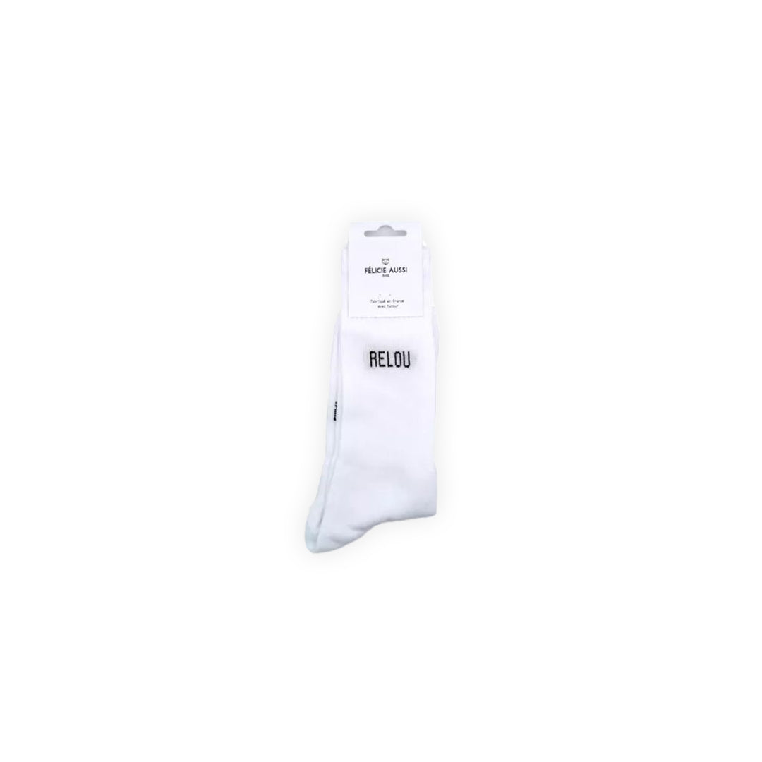 Paire de chaussettes blanches avec lettrage noir : "Relou"