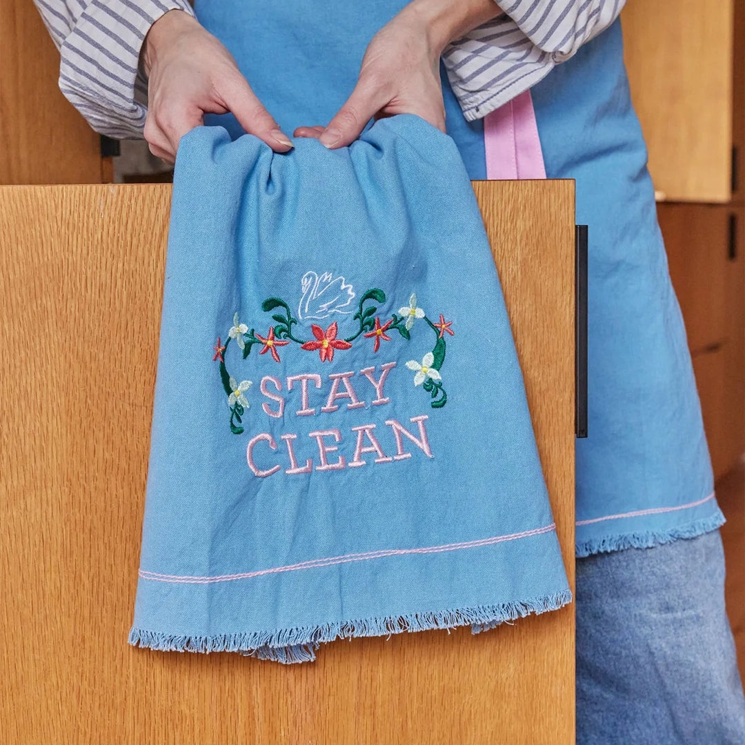 Torchon brodé Enzyme - Bleu "Stay Clean"