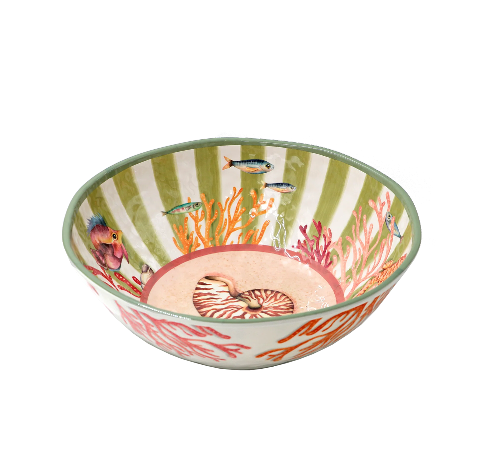 Saladier mélamine Ø 36 cm Litorale sur fonds marins rayures vertes et blanches