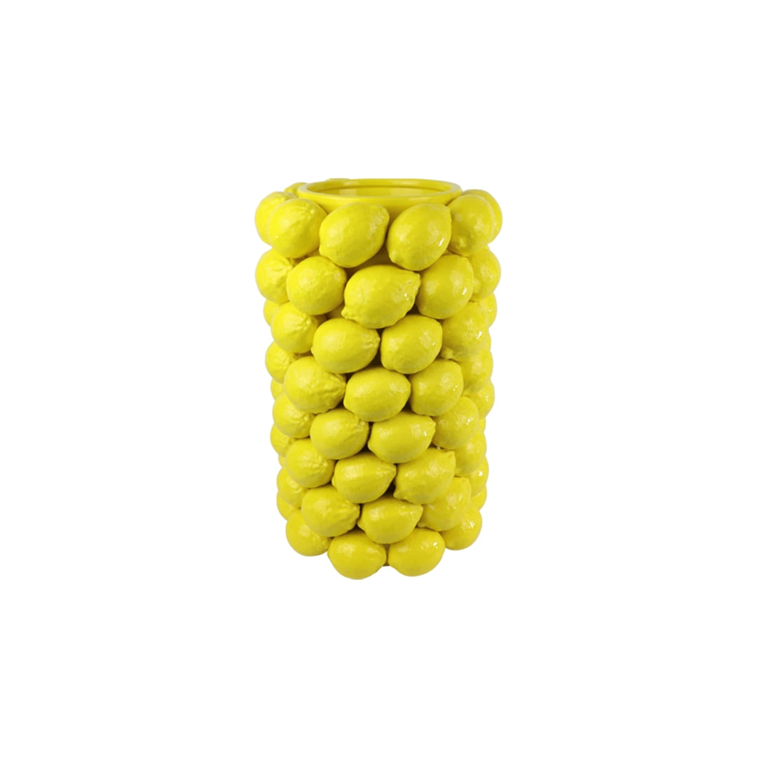 Vase Limone en céramique jaune avec un motif citron en relief idéal pour ajouter une touche d'originalité et de fraîcheur à votre intérieur.