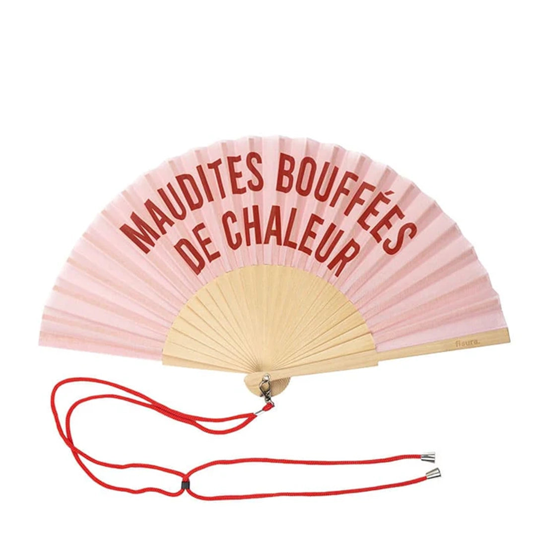 Eventail rose avec ecriture 'Maudites Bouffées de Chaleur'