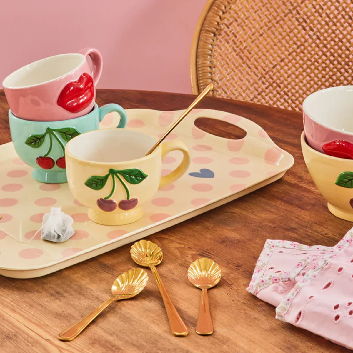 Mug céramique cerises Ø 9.5 cm menthe