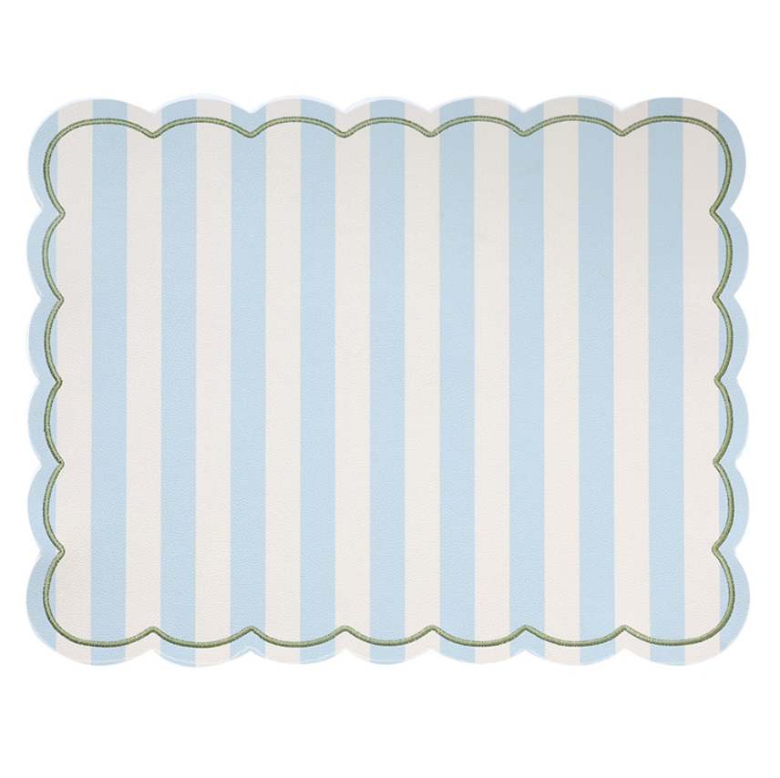 Set de table rayé Roméo bleu et blanc contour vert 35x48 cm