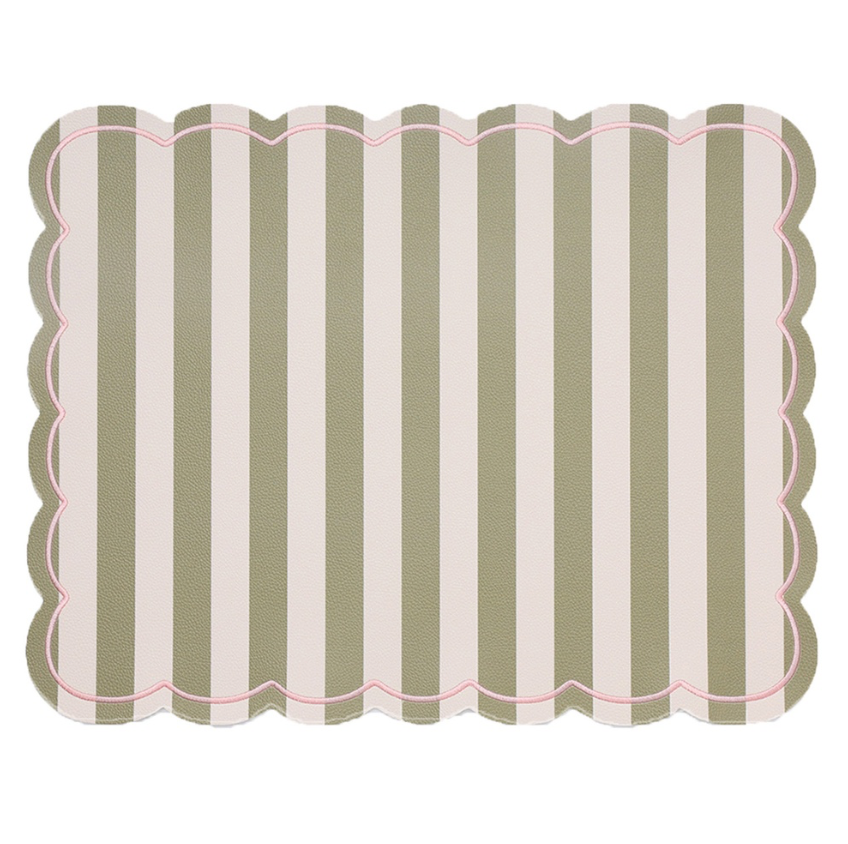 Set de table rayé Roméo kaki et blanc contour rose 35x48 cm