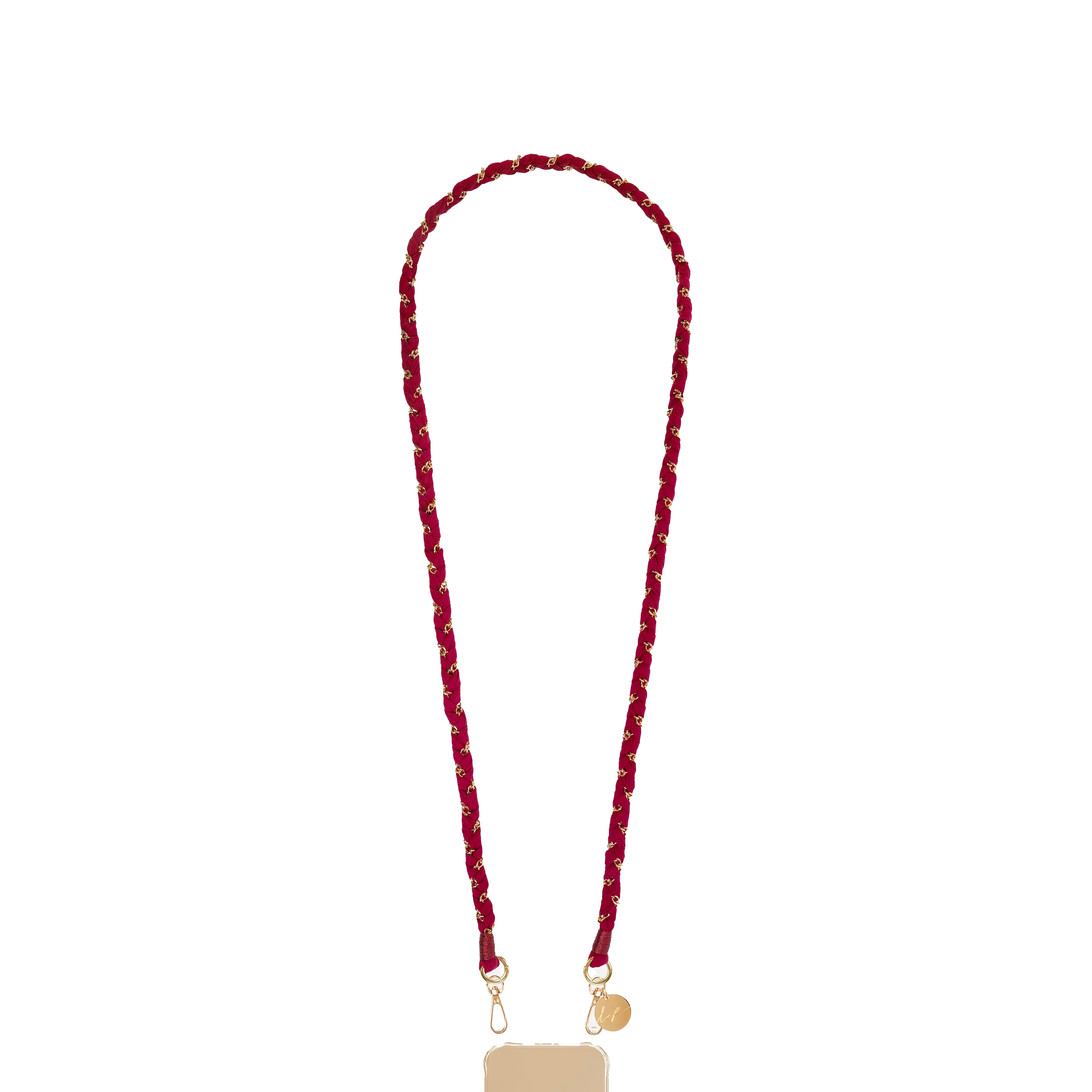 Chaine de téléphone en métal et coton tressé de couleur bordeaux.