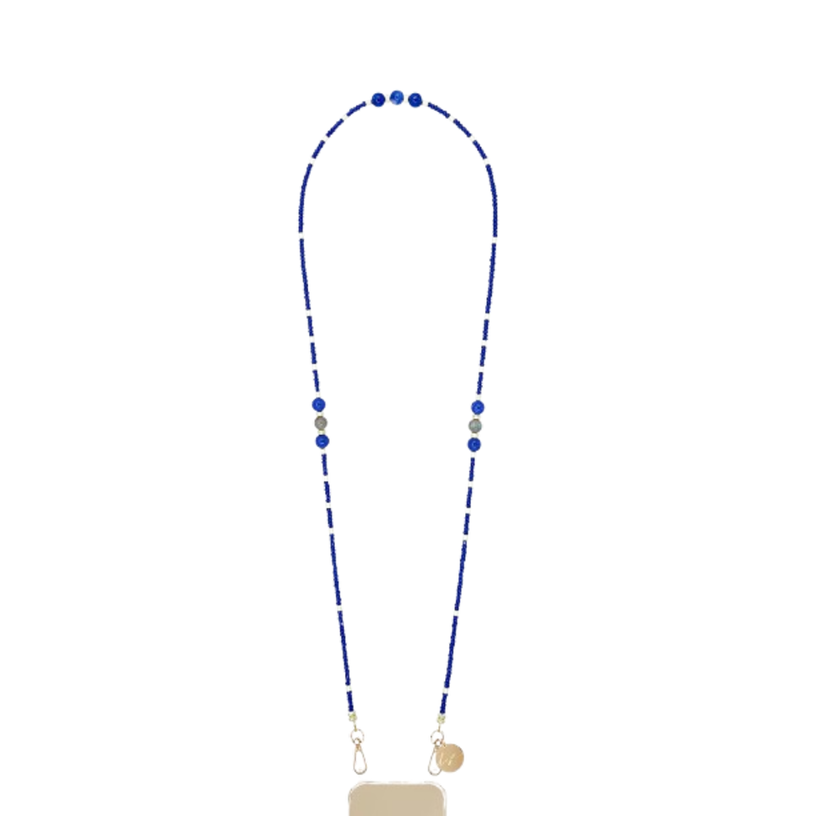 Chaîne de téléphone Iris confectionnée avec des perles bleues.
