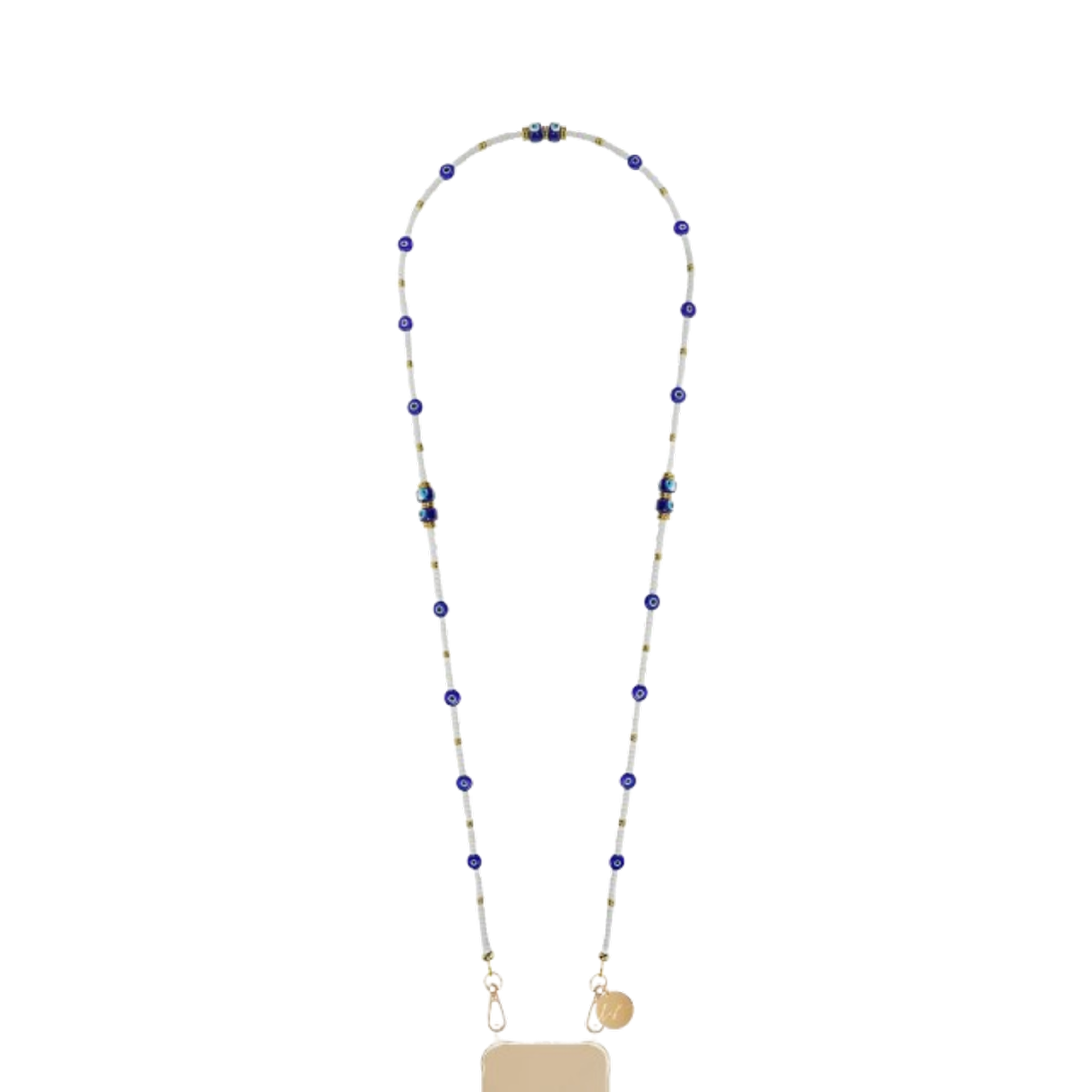 Chaîne de téléphone Lyra confectionnée avec des perles blanches et des perles en forme d'œil grec bleu.
