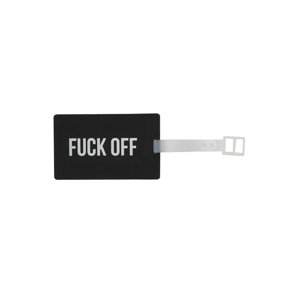 Étiquette noir avec texte "Fuck off" en blanc.