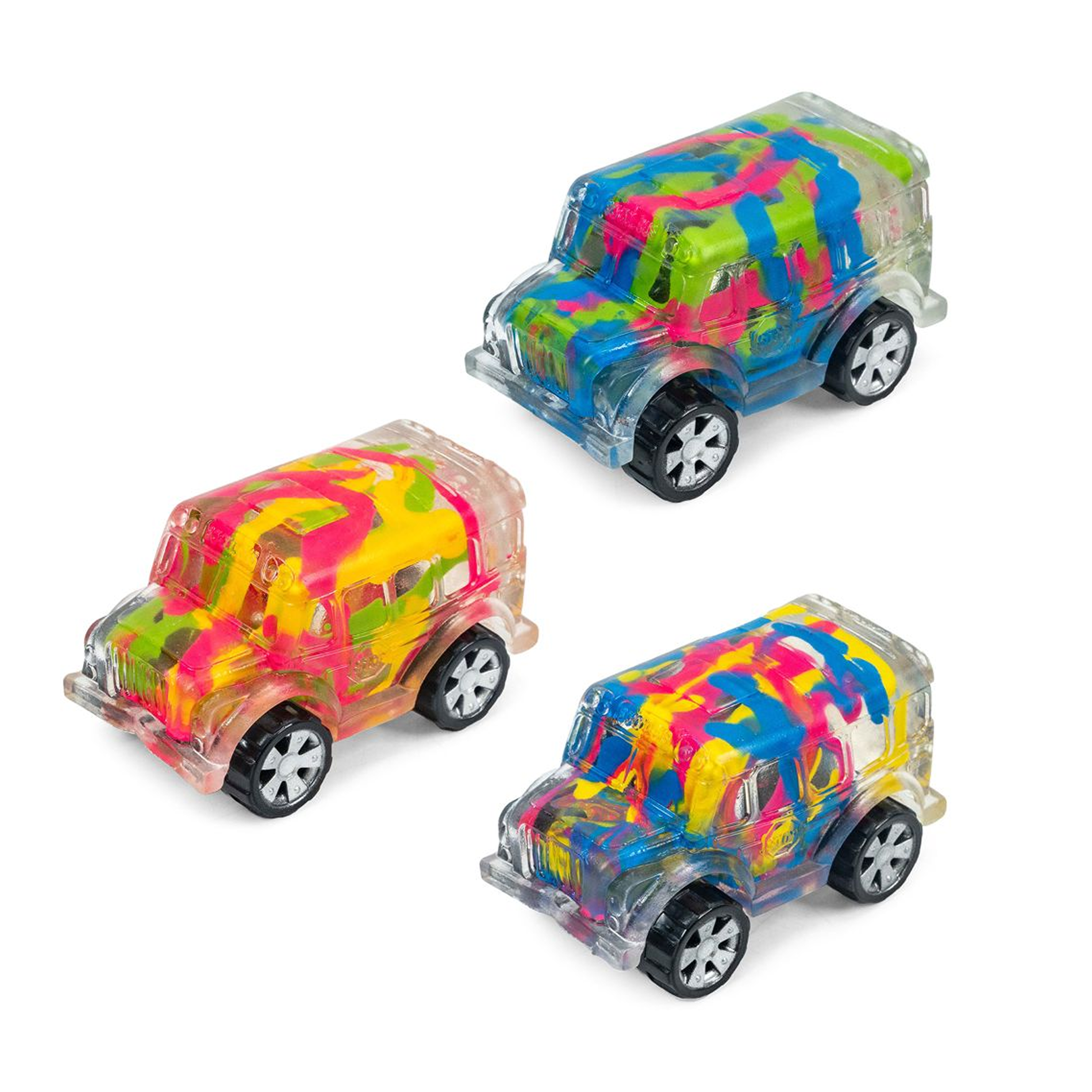 Les jouets sensoriels renferment de vraies taches de peinture colorées en forme de bus scolaire.