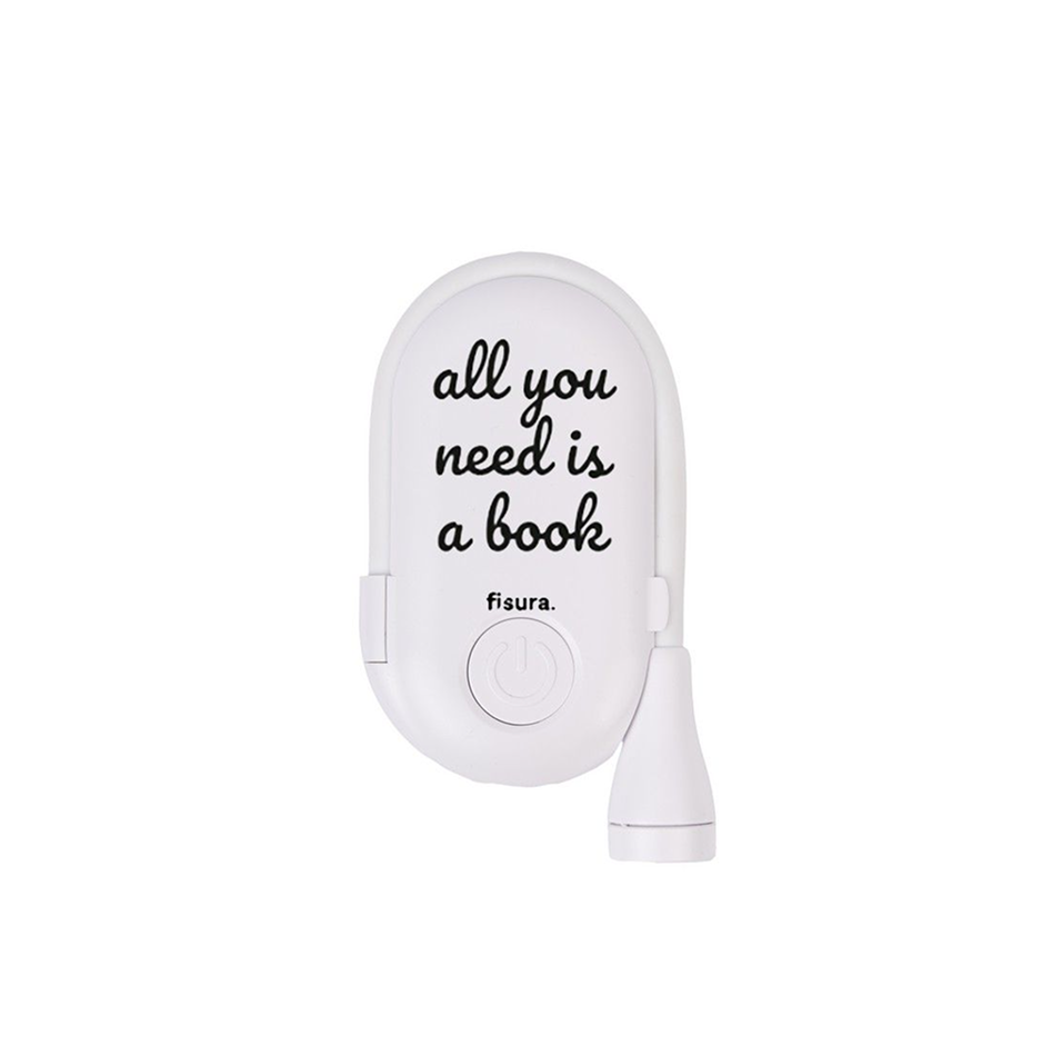 Lampe de lecture blanche avec le texte "all you need is a book" écrit en noir.