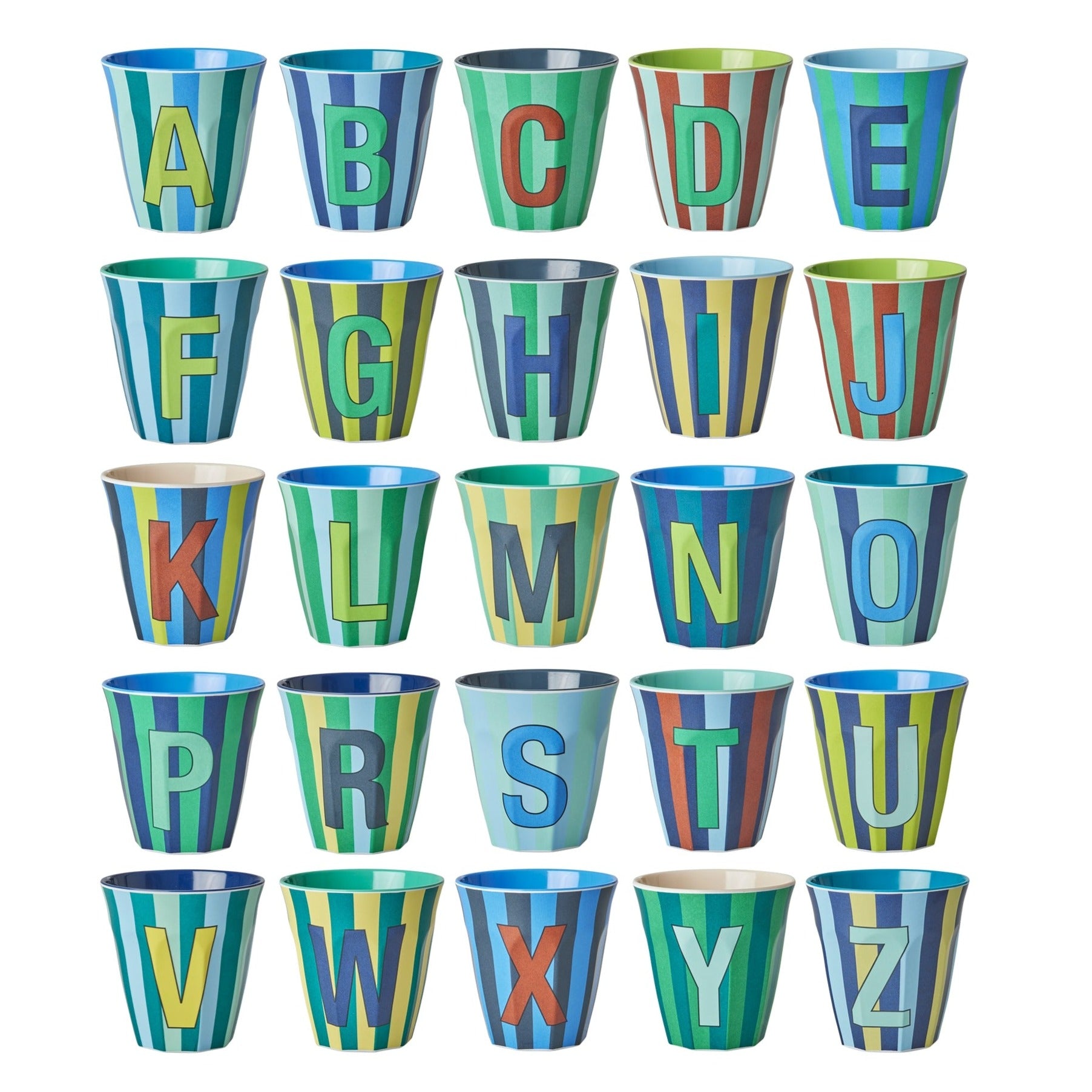 Gobelet Lettre mélamine Rayures tons bleu - toutes les lettres