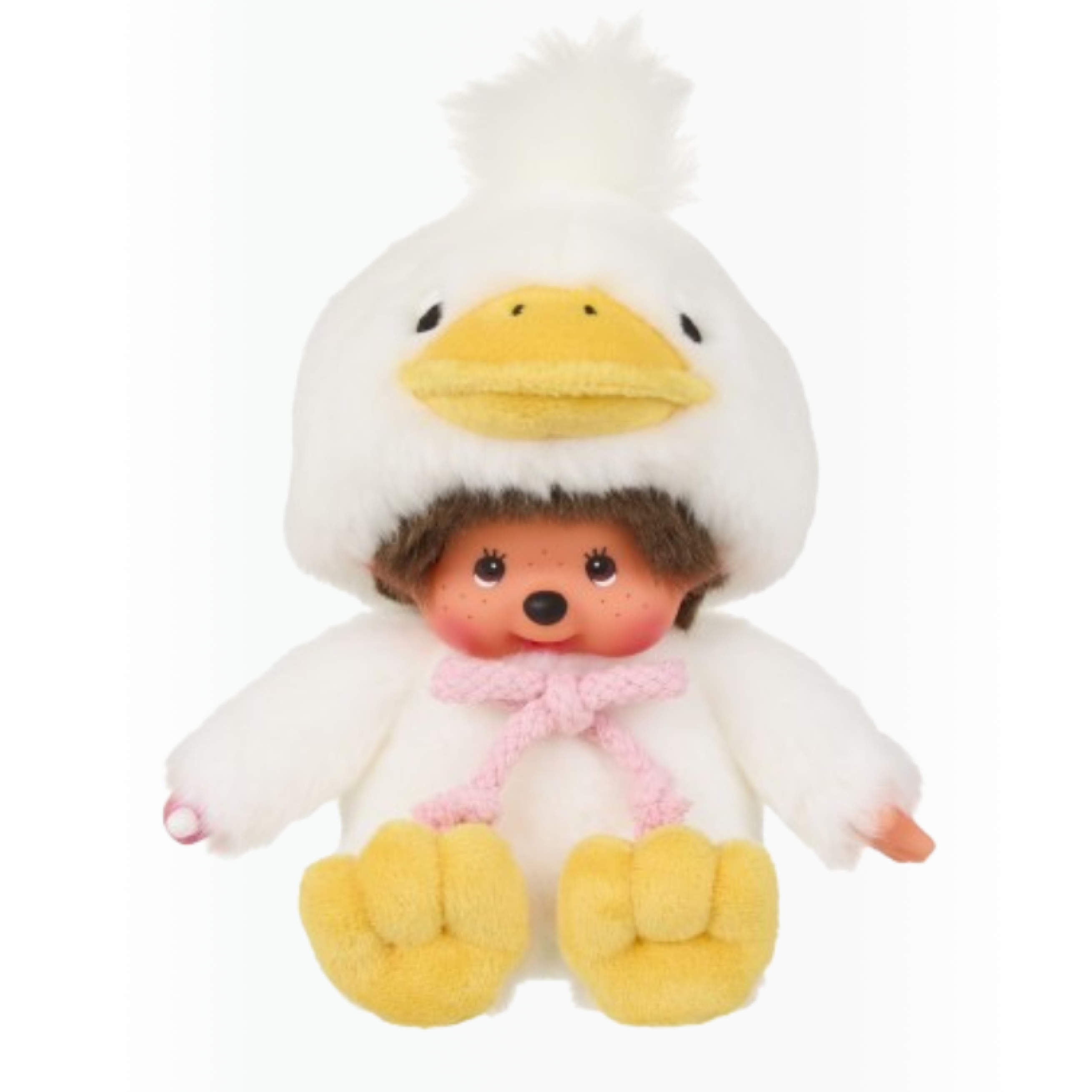 Voici la peluche Monchhichi, le célèbre singe avec sa tétine dans une version canard 20 cm.