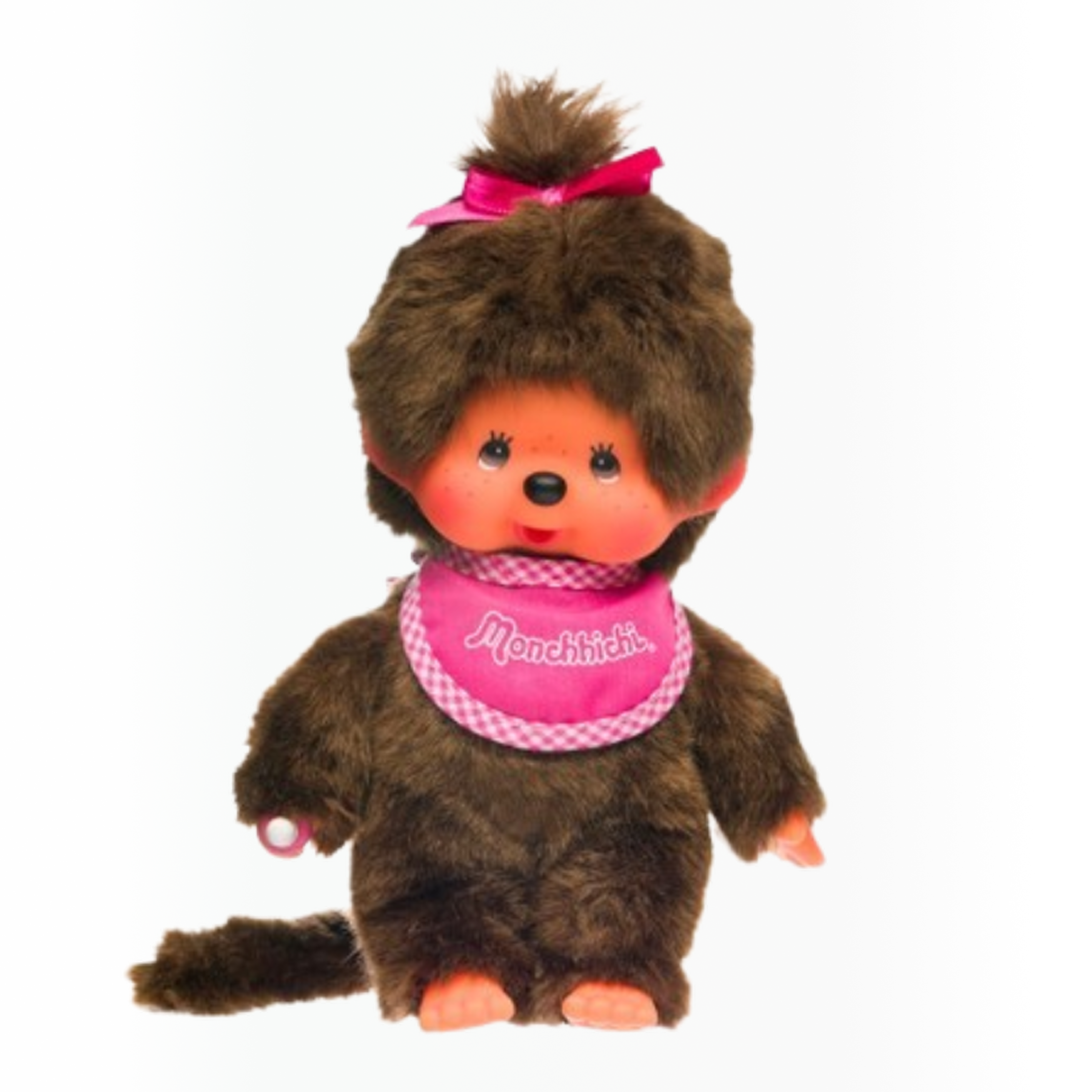 Voici la peluche Monchhichi, le célèbre singe avec sa tétine dans une version classique fille 20 cm avec un bavoir rose. C'est le classique indémodable à avoir absolument.