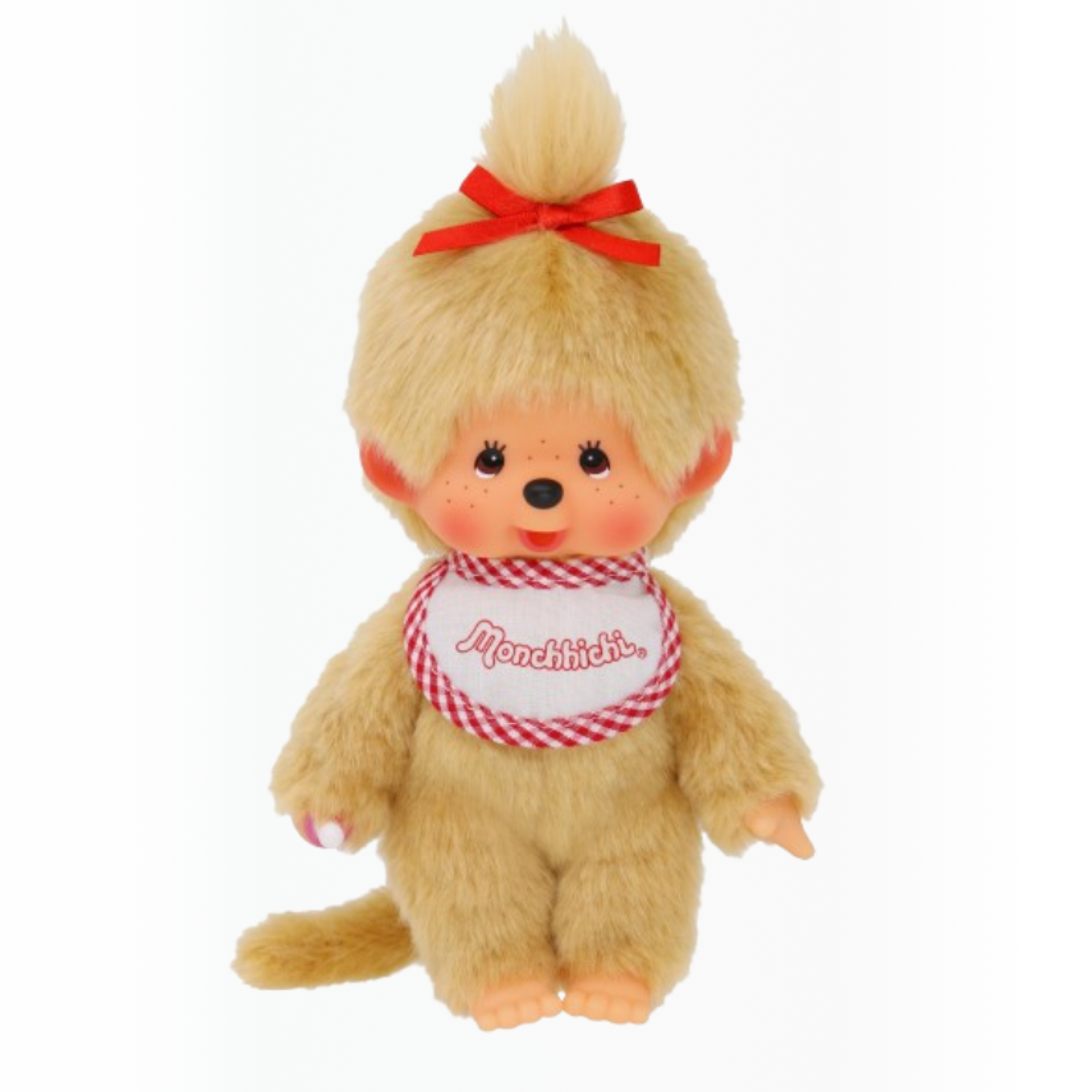 Voici la peluche Monchhichi, le célèbre singe avec sa tétine dans une version beige fille 20 cm avec un bavoir rouge te blanc.