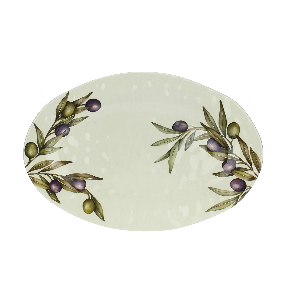 Plateau ovale vert pâle avec décor de branches d’olivier.