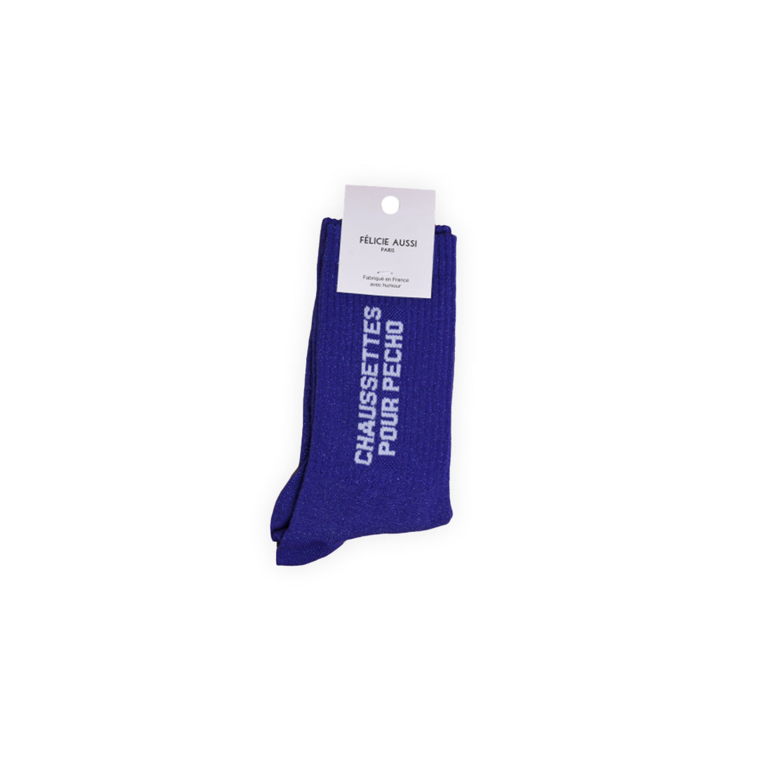 Paire de chaussettes à paillettes couleur bleu avec lettrage blanc : "Chaussettes pour pecho"