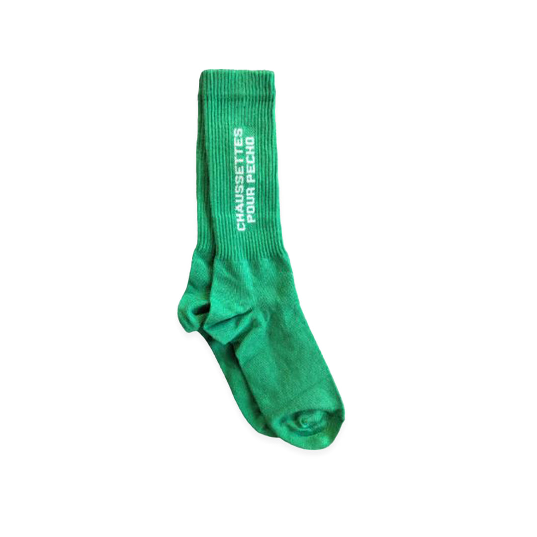 paire de chaussettes vertes avec lettrage blanc : "Chaussettes pour pecho"