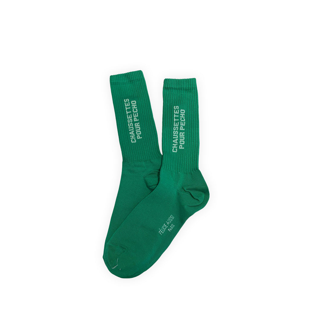 Paire de Chaussettes couleur verte avec lettrage blanc : "Chaussettes pour pecho"