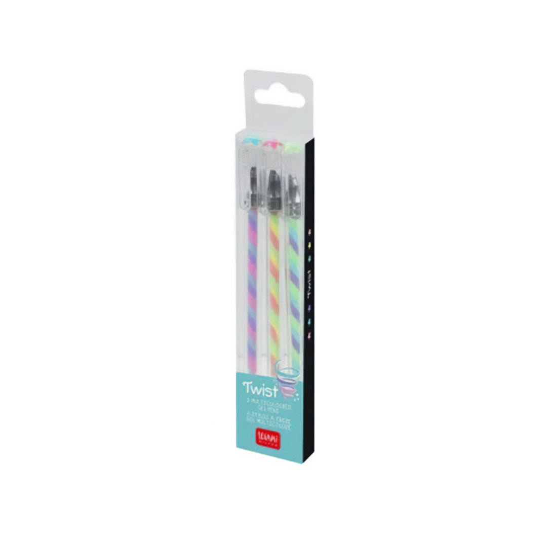 Packaging du lot de 3 stylos à encre gel multicolore LEGAMI avec pointe moyenne de 1mm
