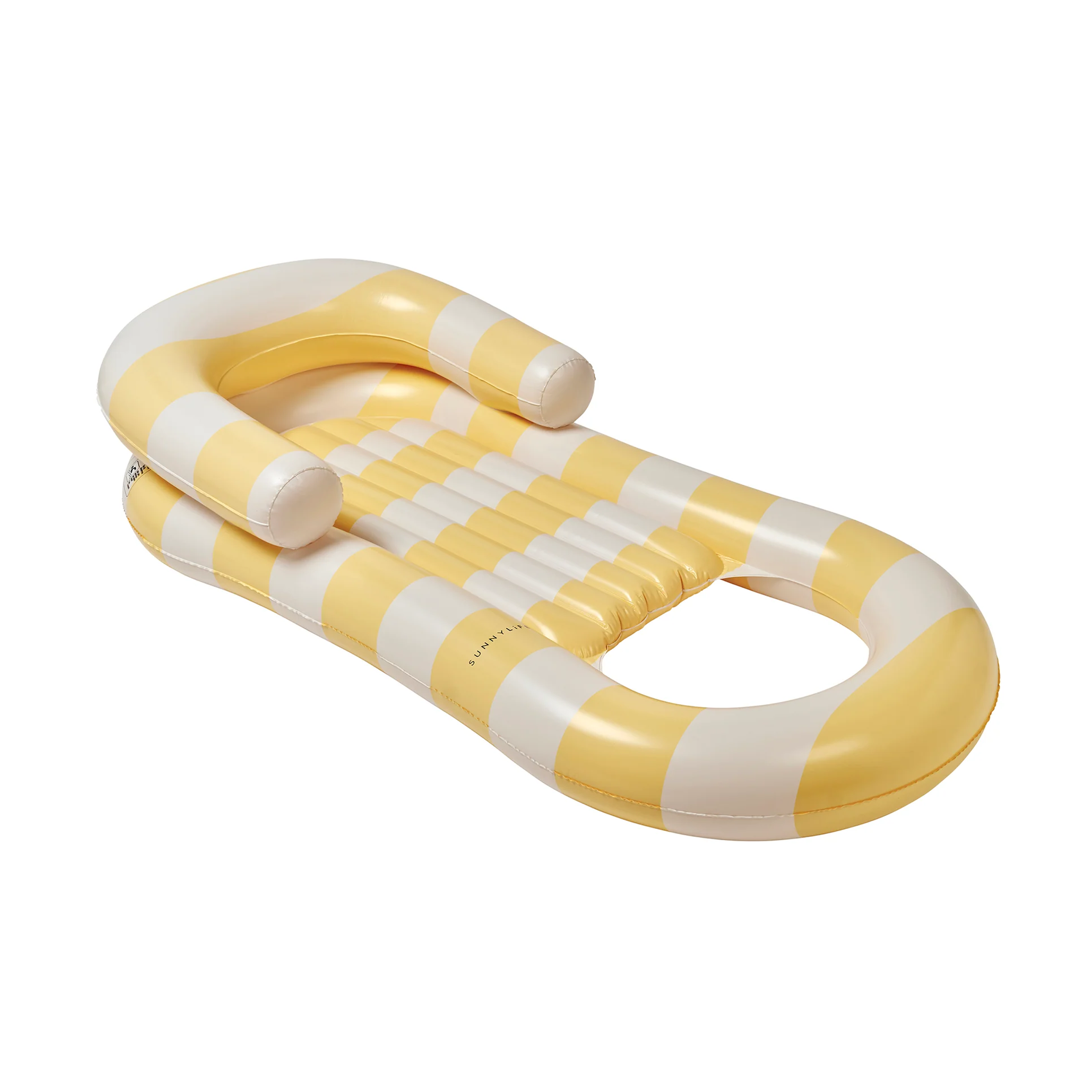 Sunnylife bouée Laze & Lounge avec des rayures jaunes et blanches.