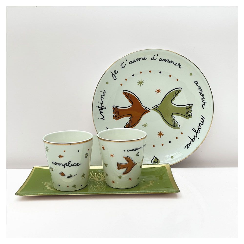 Assiette à dessert amour oiseaux doré