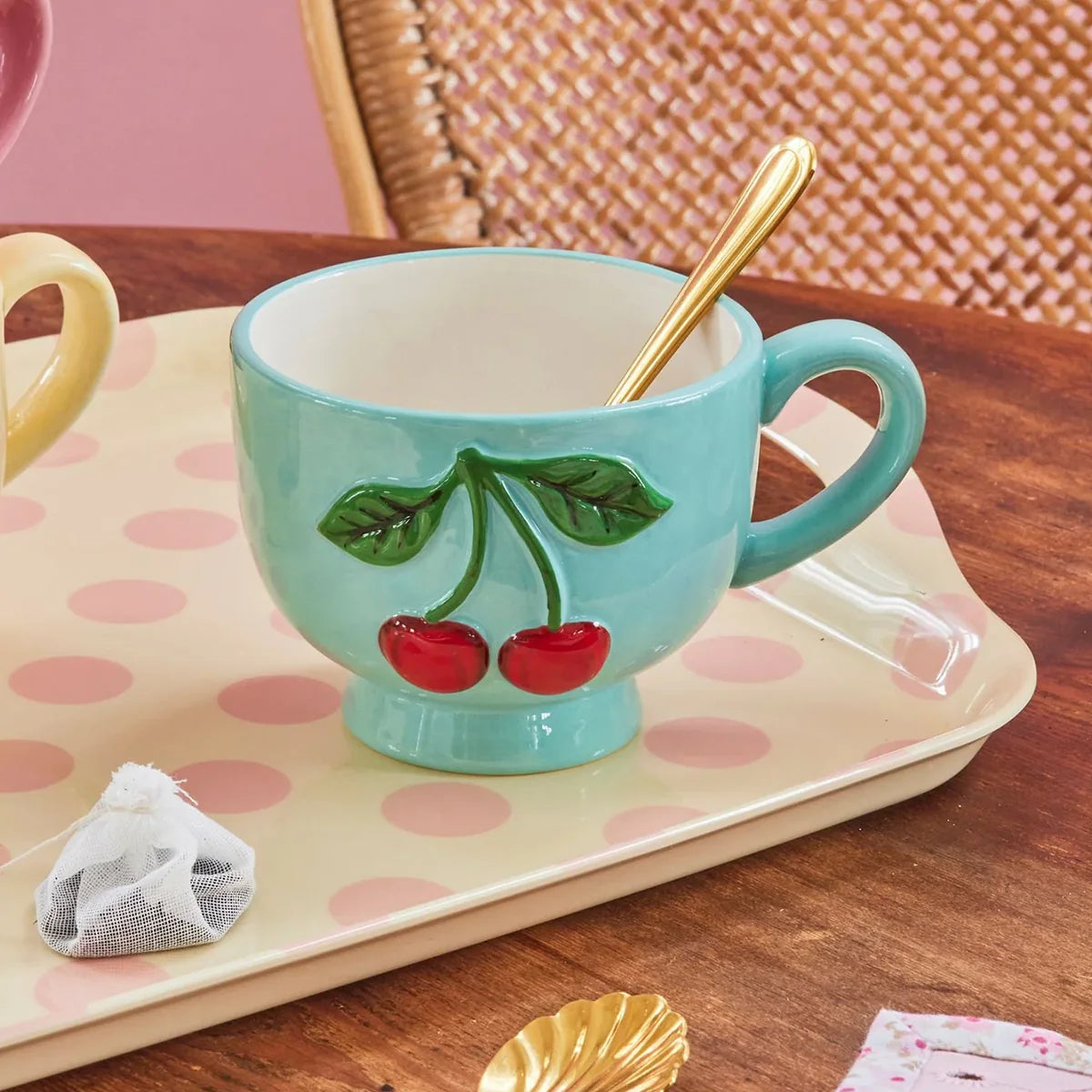 Mug céramique cerises Ø 9.5 cm menthe