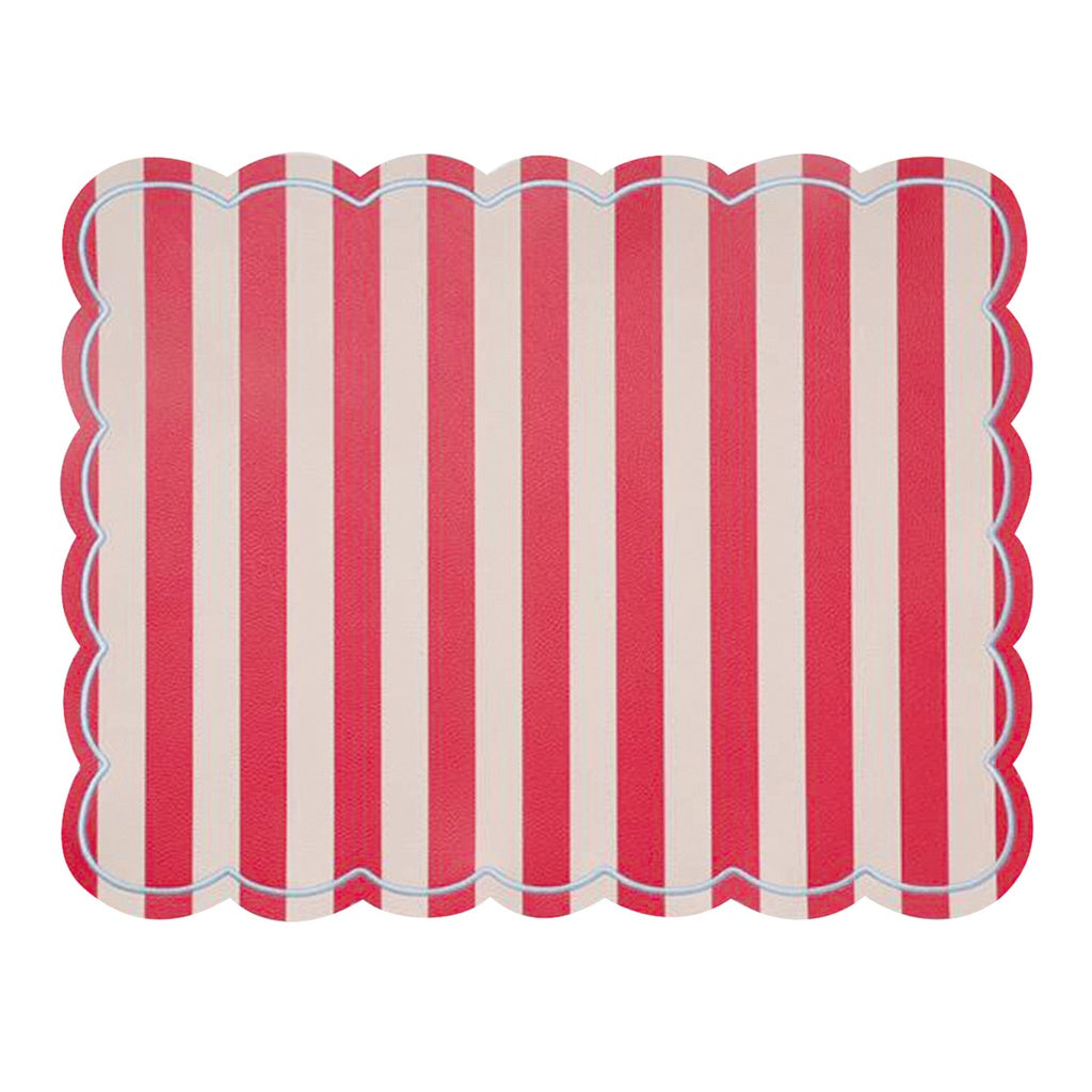Set de table Roméo façon cuir à rayures rouges et beiges avec contour bleu ciel.
